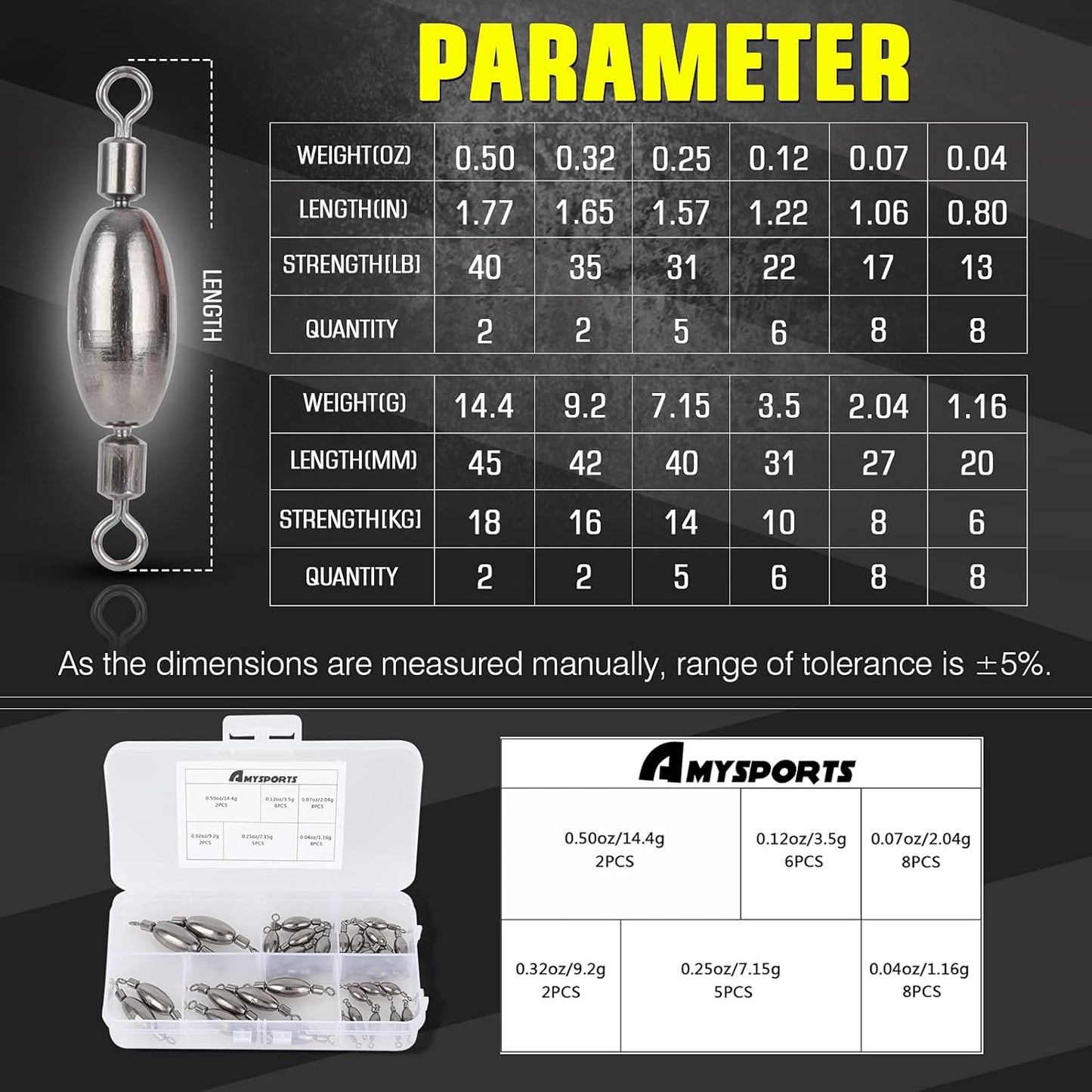 AMYSPORTS Drop Shot Fishing Sinkers Tackle Casting Swivel Fishing Weight Sinker Bullet Fishing Sinker Saltwater Removable Freshwater