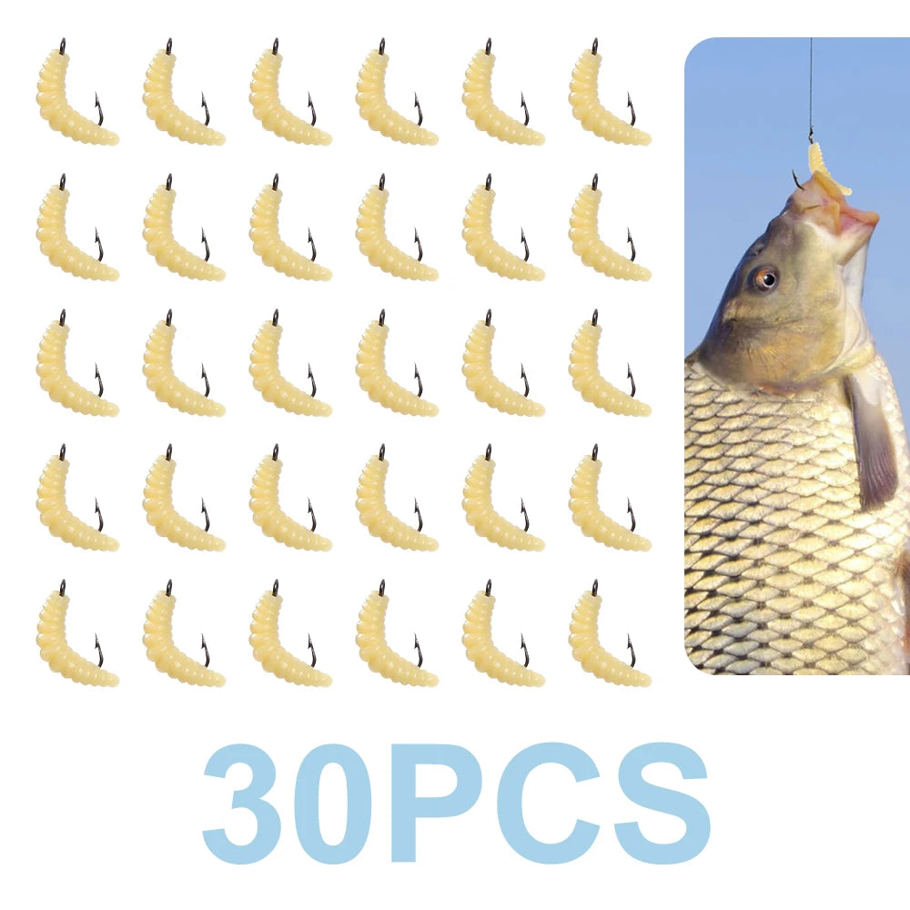 30PCS Artificial Breadworms Fishing Bait with Hooks Realistic Fake Hooked Worm Bait High Elasticity Rubber Fishing Bait