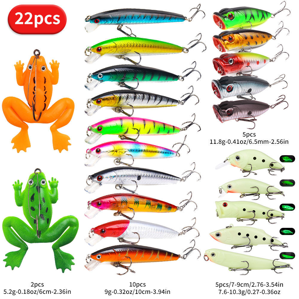 22pcs 58pcs 102pcs Fishing Lure Kits Multi-functional Set Topwater Floating Swimming Lures, Equipped With High Pitch Hook Soft Frogs, Used For Bass Fishing.