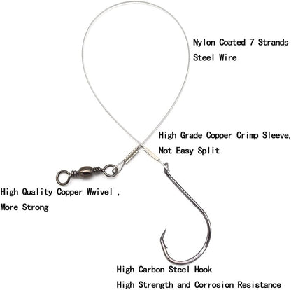 1#-8/0# Offset Octopus Hooks Rig, Fishing Wire Leader -Heavy Duty Stainless Steel Wire Line Leaders with Rolling Swivel and Barb Hooks, Fishing Lure Bait Rig Saltwater…