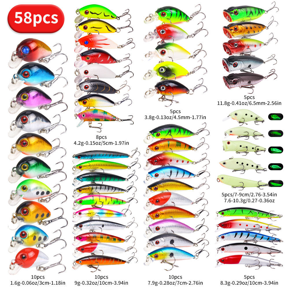 22pcs 58pcs 102pcs Fishing Lure Kits Multi-functional Set Topwater Floating Swimming Lures, Equipped With High Pitch Hook Soft Frogs, Used For Bass Fishing.