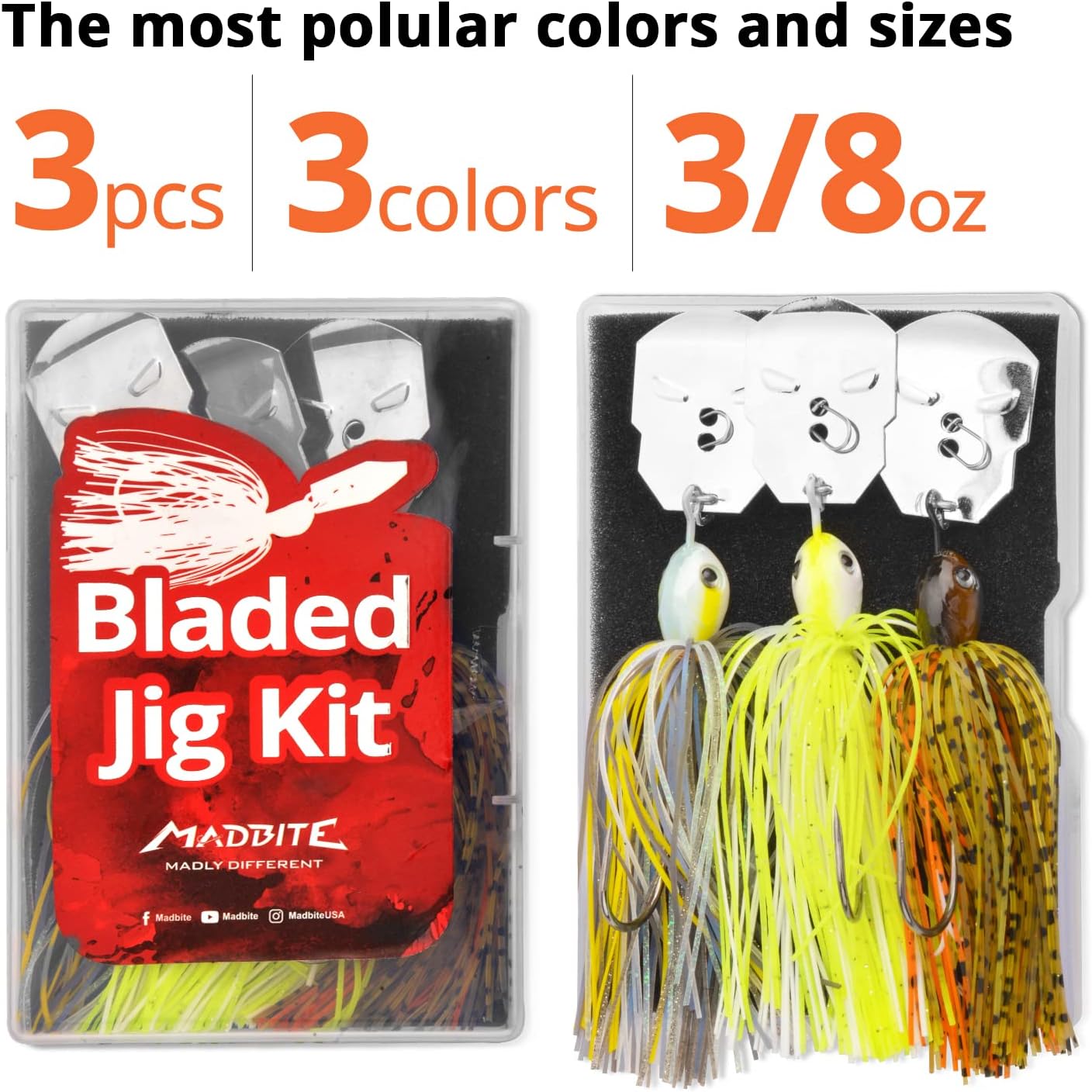 MadBite by KastKing Bladed Jig Fishing Lures, Multi-Color Kits, Irresistible Vibrating Action, Sticky-Sharp Heavy-Wire Needle Point Hooks, Popular 3/8 oz and 1/2 oz Sizes, Includes Storage Box