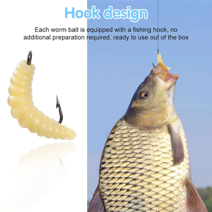 30PCS Artificial Breadworms Fishing Bait with Hooks Realistic Fake Hooked Worm Bait High Elasticity Rubber Fishing Bait