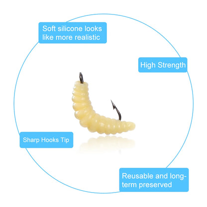 30PCS Artificial Breadworms Fishing Bait with Hooks Realistic Fake Hooked Worm Bait High Elasticity Rubber Fishing Bait
