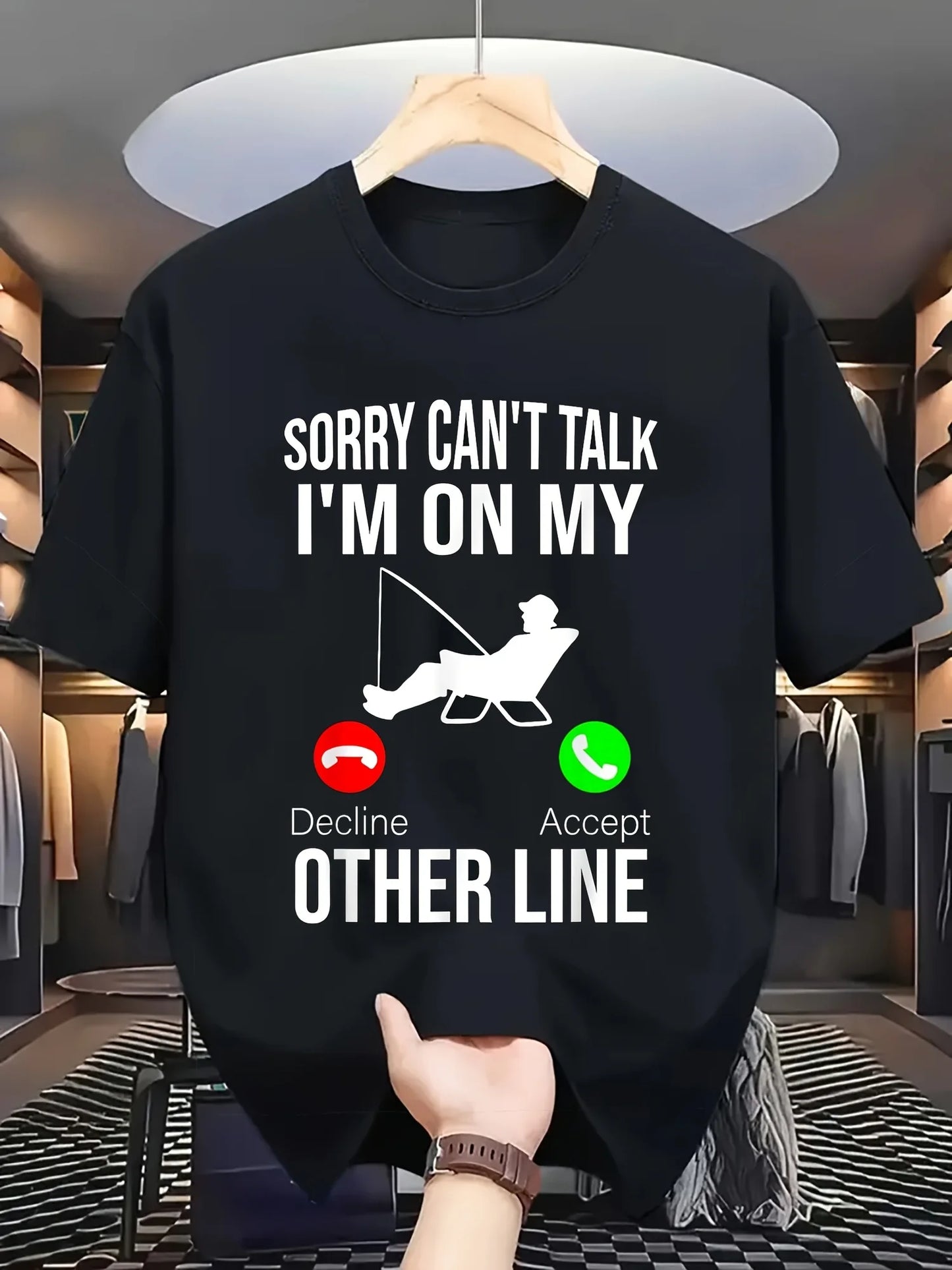 Funny Fishing Dad Graphic Tee - 180g 100% Cotton, Men’s Casual Round-Neck T-Shirt with "Sorry Can't Talk I'm Fishing" Design