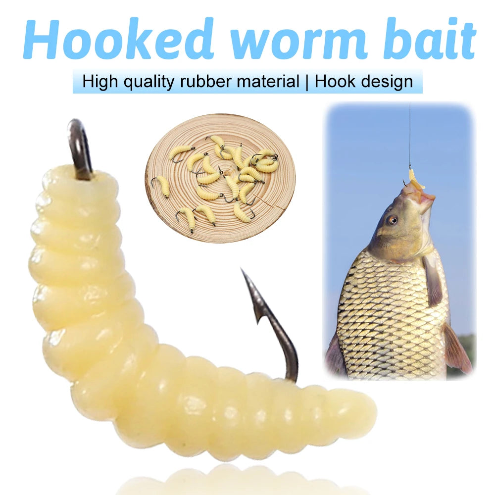 30PCS Artificial Breadworms Fishing Bait with Hooks Realistic Fake Hooked Worm Bait High Elasticity Rubber Fishing Bait